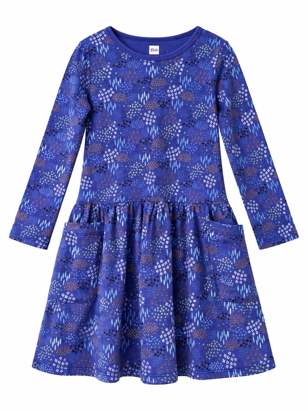 Tea Collection Girls Blue Printed Long Sleeve Pocket Dress Size 7